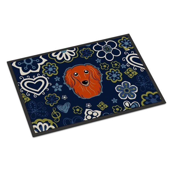 Carolines Treasures 24 x 36 in. Blue Flowers Longhair Red Dachshund Indoor or Outdoor Mat BB5065JMAT - main